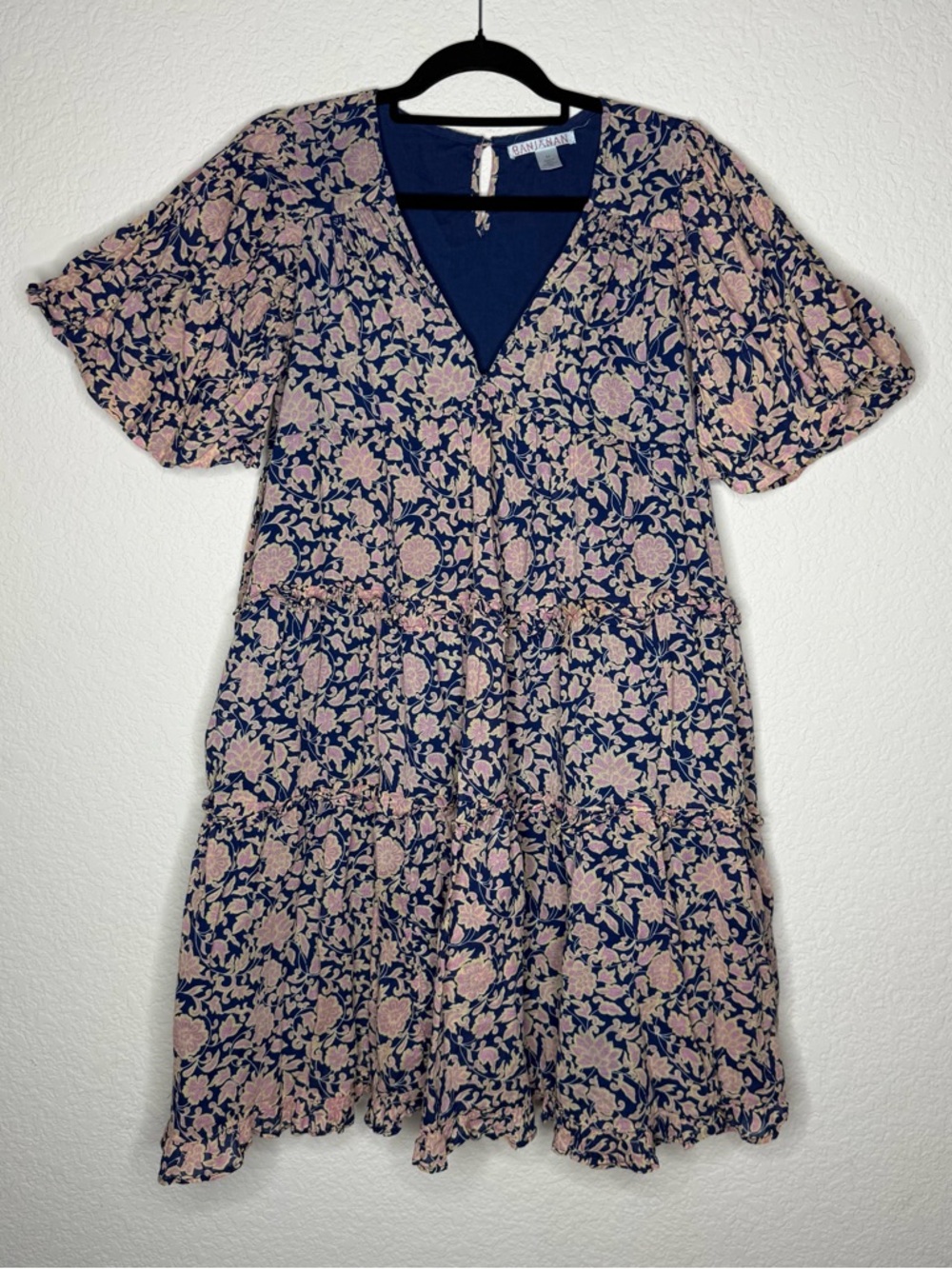 Banjanan Navy Blue Floral Tiered Dress with Puff Sleeves
